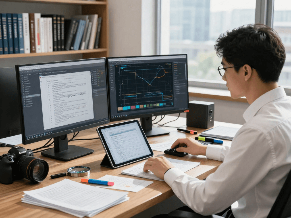 Workspace scene highlighting document fraud detection analysis with advanced software and forensic tools.