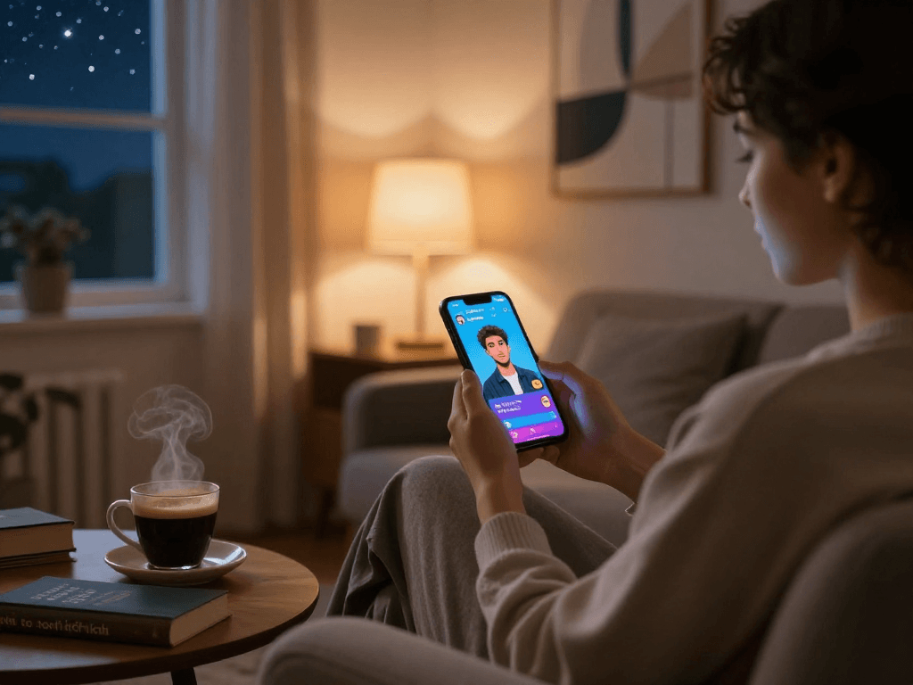 Engaging in sex chat ai using a smartphone in a cozy, inviting room.