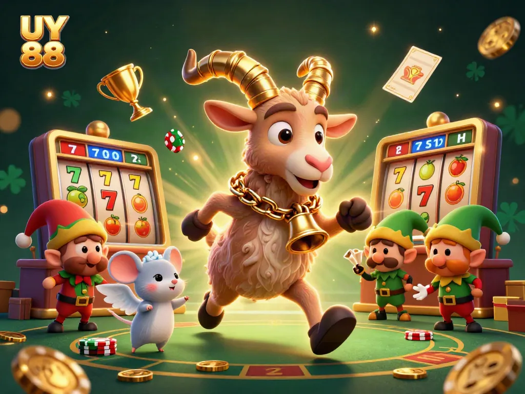 Engage with UY 88's casino adventure featuring a captivating Krampus goat, angel mouse, and mischievous elves in a vibrant digital environment.