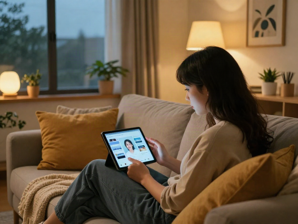 Free AI sex chat experience in a cozy living room with a couple engaged in conversation.