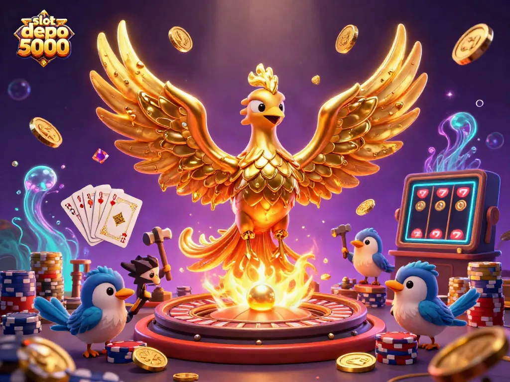 Experience the excitement of slot depo 5000 with a vibrant scene of a molten metal phoenix and dynamic casino elements.