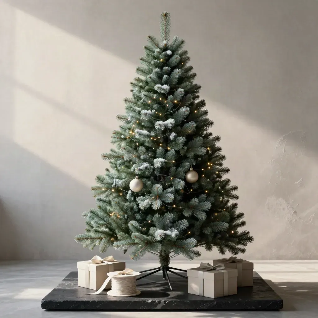 Albero di Natale realistico con luci calde e addobbi su base metallica, in luce fredda d'inverno.