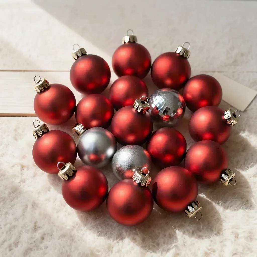 Flat lay dall'alto di 36 palline rosse su lana crema e legno chiaro.