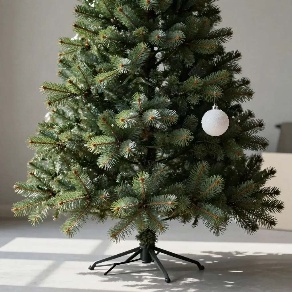 Dettaglio macro di un albero di Natale artificiale con base solida e una pallina bianca.