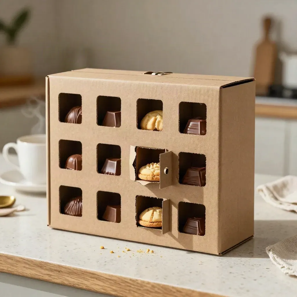 Calendario dell’Avvento di dolci su pietra, con briciole e tazza sfocata in una cucina calda.