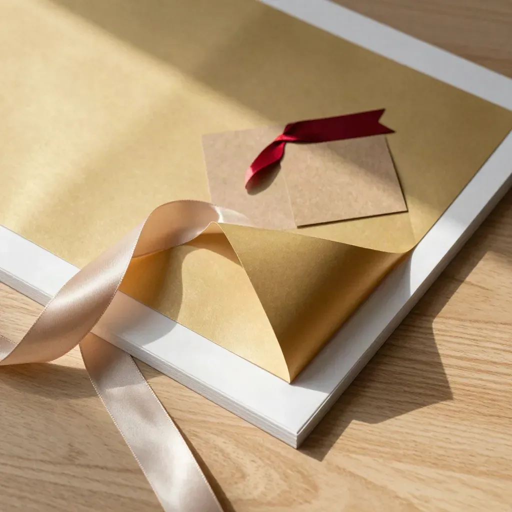 Fogli oro per regalo sovrapposti con nastro neutro su legno chiaro, luce grafica dall’alto.