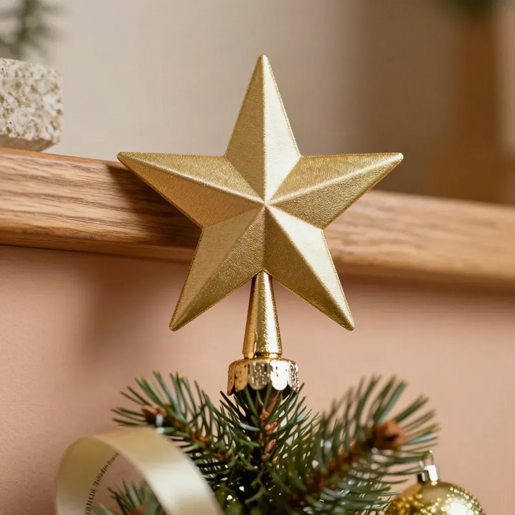 Stella topper oro satinato sulla punta dell’albero, con aghi di pino e luce calda di studio