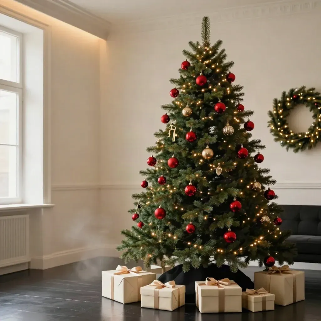 Salotto natalizio con albero folto, luci calde, sfere rosse e regali avorio.