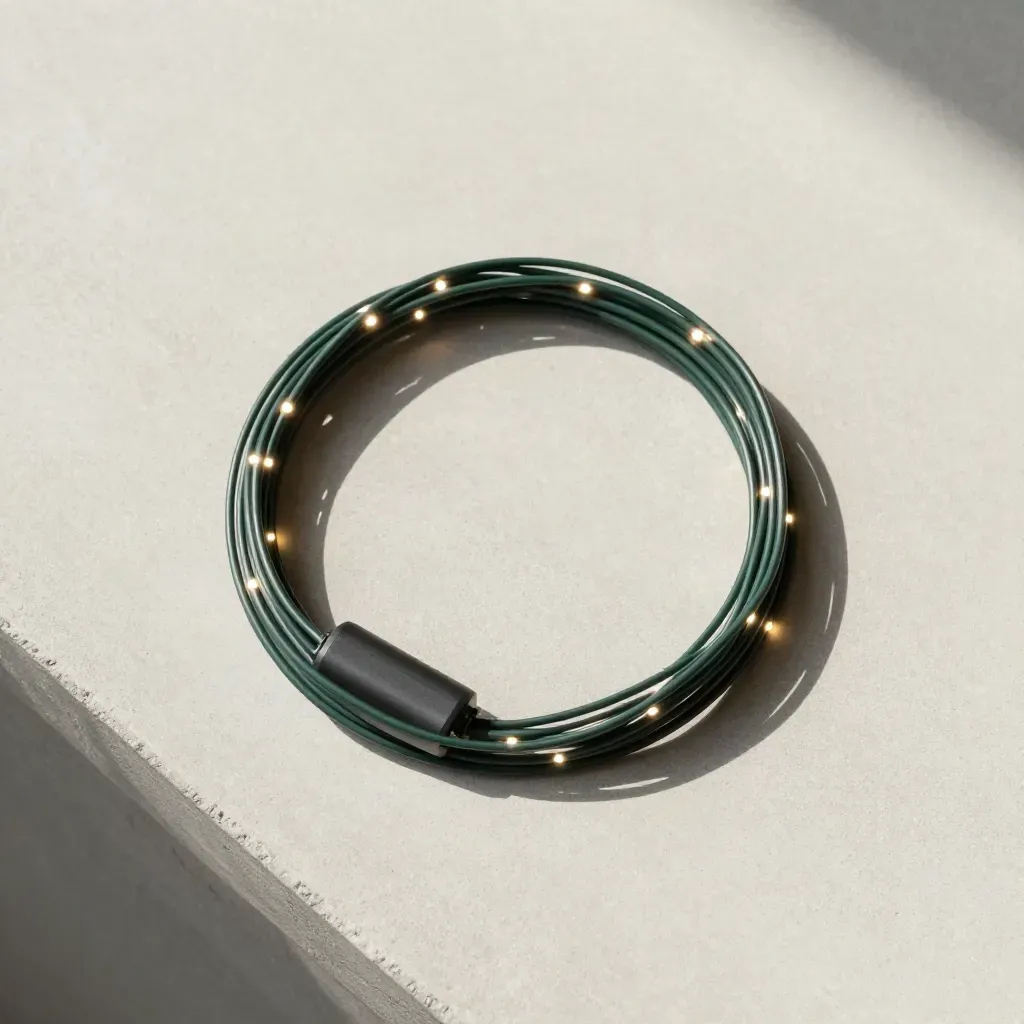 Mini luci LED arrotolate in anello su lastra di cemento chiaro, accese e pulite.