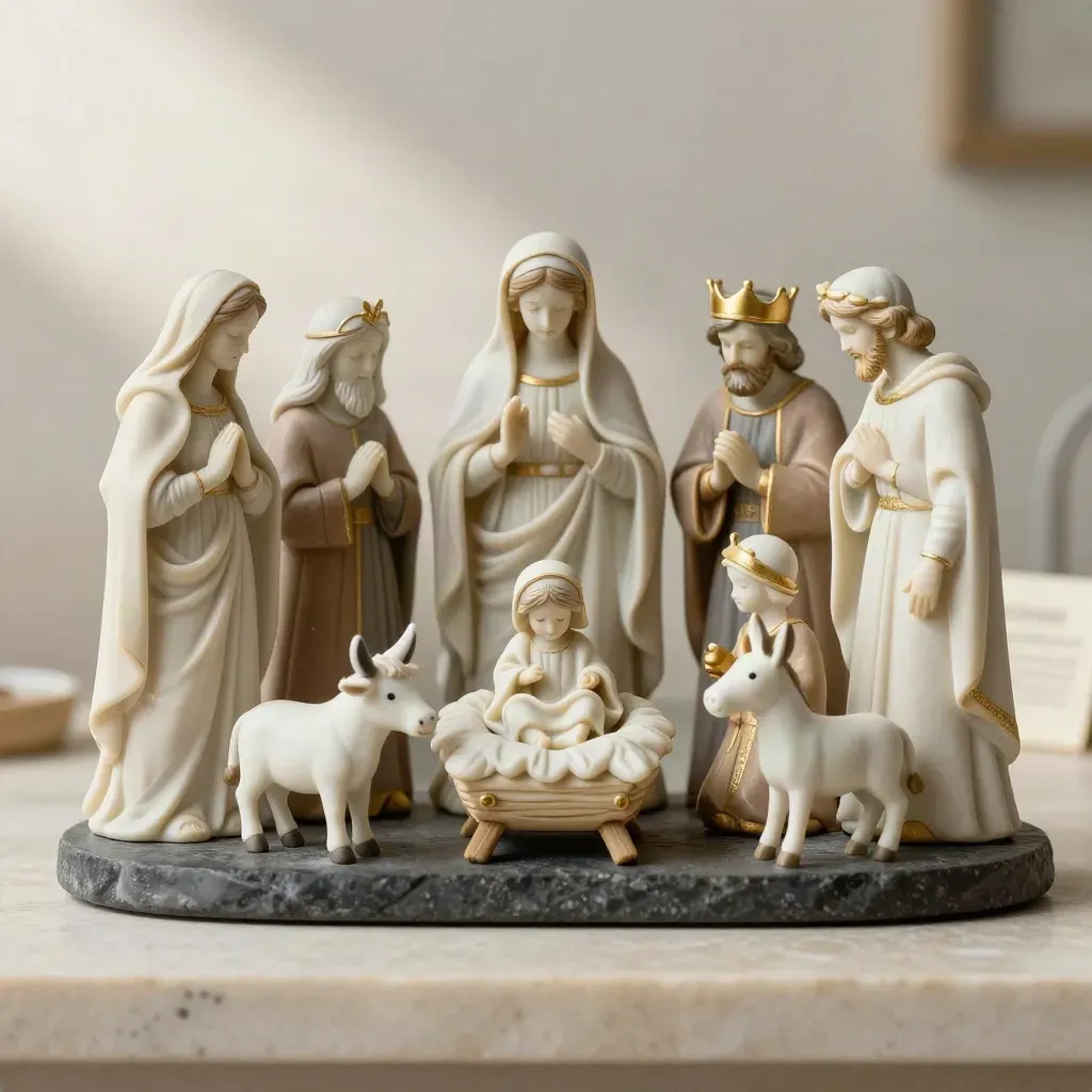 Presepe in resina da 8 pezzi, fotografato in studio su pietra con luce drammatica.