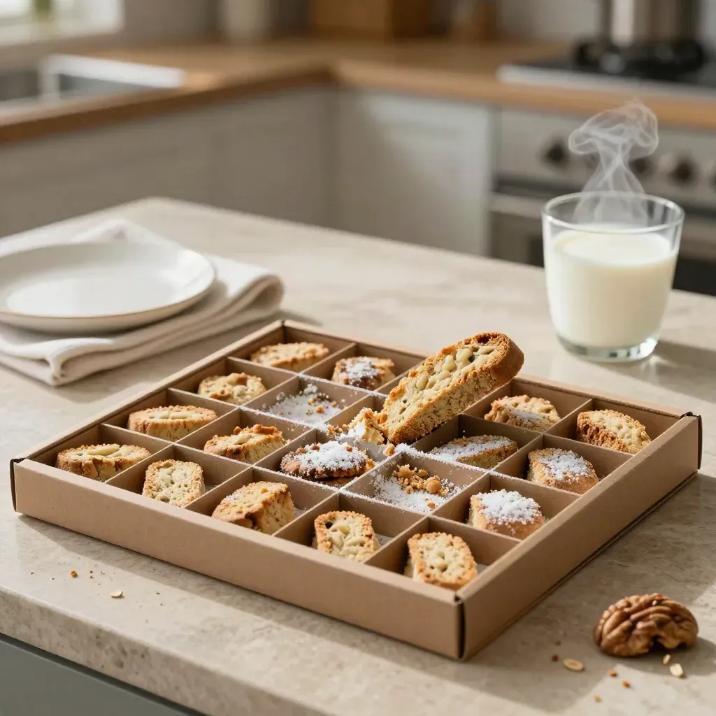 Calendario di biscotti aperto con biscotti sollevati, briciole e latte caldo su tavolo chiaro