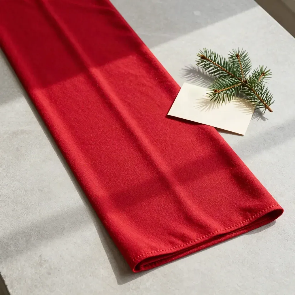 Runner tavola rosso piegato in flatlay su cemento chiaro con ramoscello di abete.