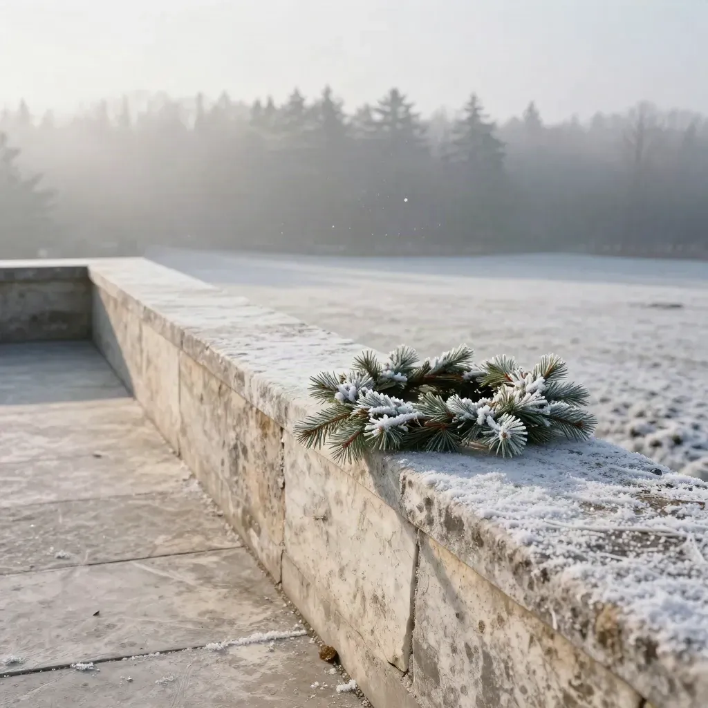 Terrazza di pietra innevata con rami di abete, corona e bosco lontano nella foschia.