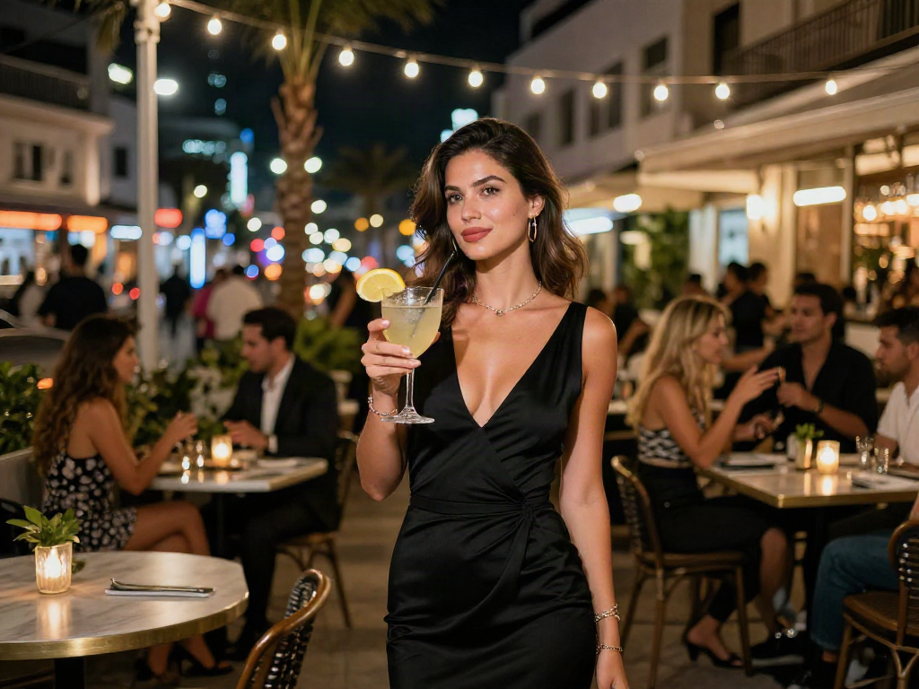 Stylish woman enjoying a vibrant evening, representing נערות ליווי בבת ים in upscale nightlife.