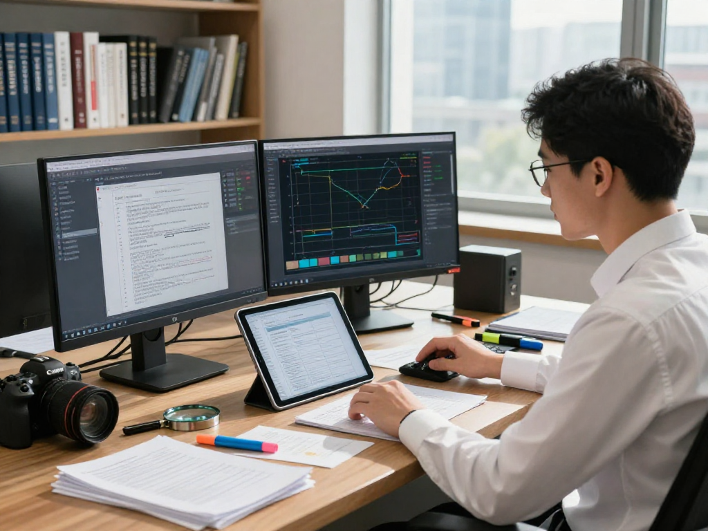 Workspace scene highlighting document fraud detection analysis with advanced software and forensic tools.