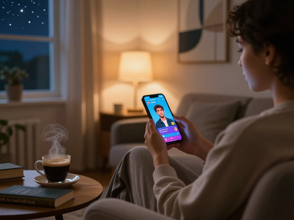 Engaging in sex chat ai using a smartphone in a cozy, inviting room.