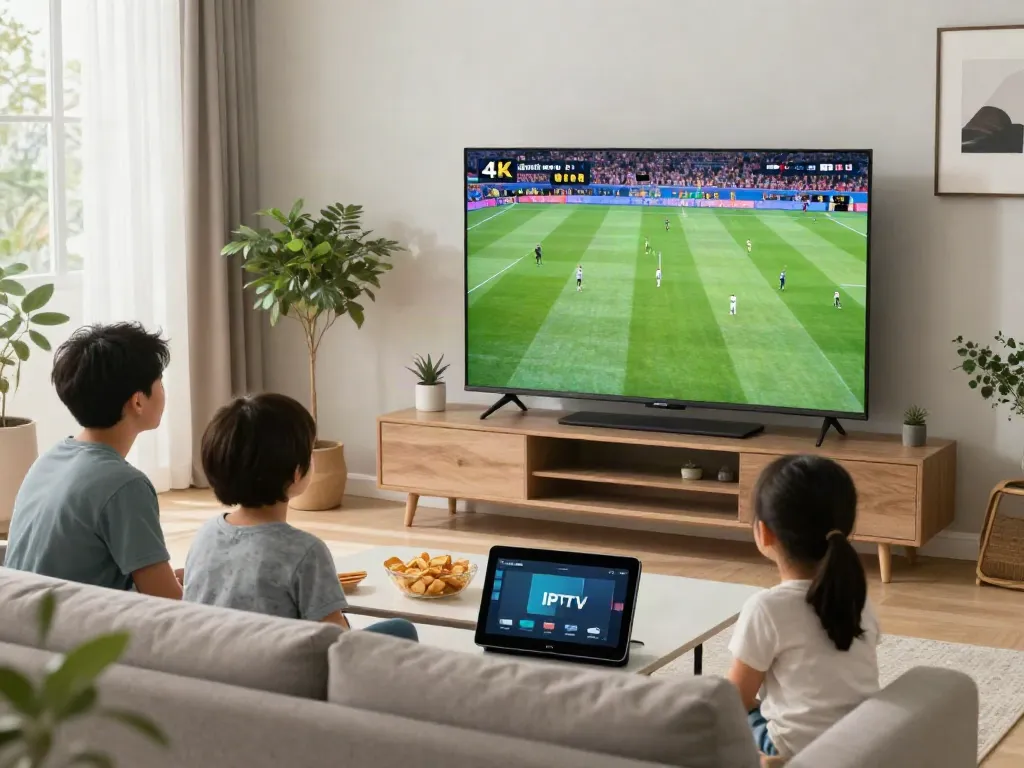 Enjoying test IPTV in a family living room with 4K sports streaming.
